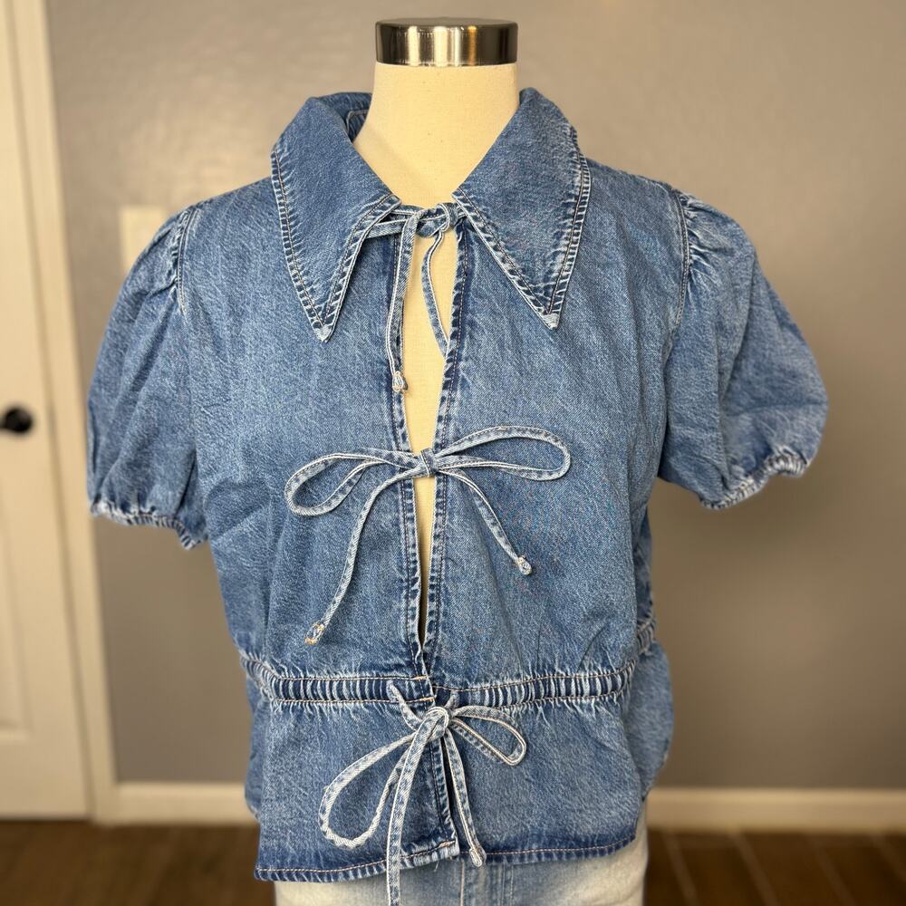 AE Denim Collared Puff Sleeve Tie Front Shirt, Blue, L
